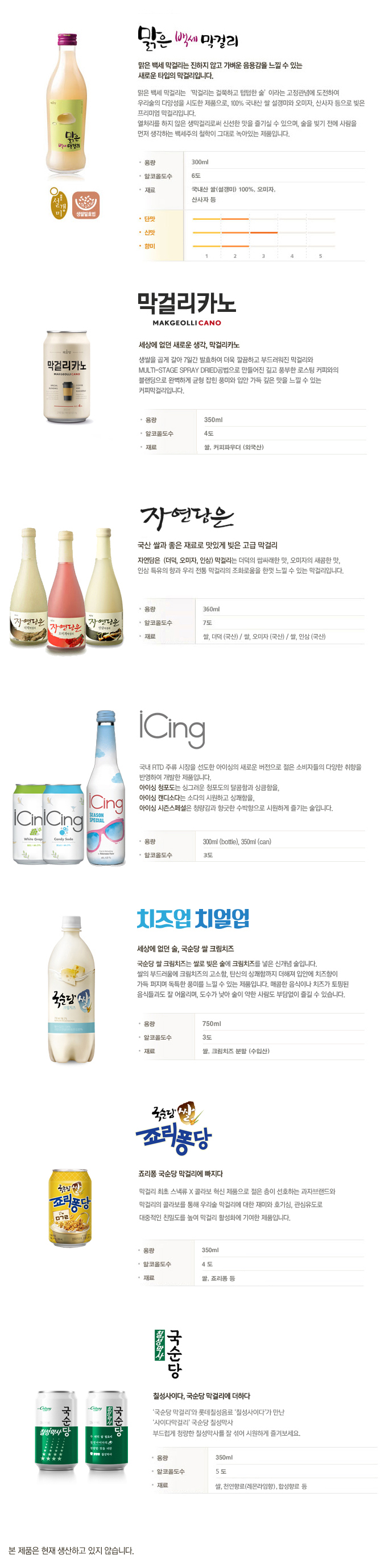 맑은 백세 막걸리, 막걸리카노, 자연담은(더덕, 오미자, 인삼)막걸리, Icing(청포도,캔디소다,시즌스페셜)